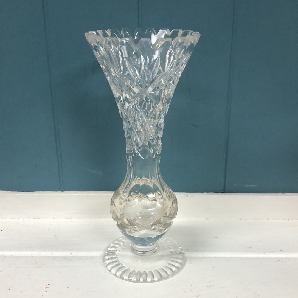 Vtg Footed Clear Glass Bud Vase Vintage Star of David Starburst Pinwheel 8”x3.5” - Picture 2 of 9